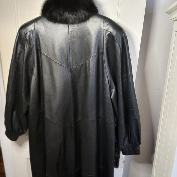 Black Leather Maxi Coat Fox Fur Trim - Picture 3 of 3